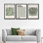 Set of 3 Set of 3 Picasso,Matisse and Yayoi Kusama Sage Green Art Prints in Black Frames | Artze UK