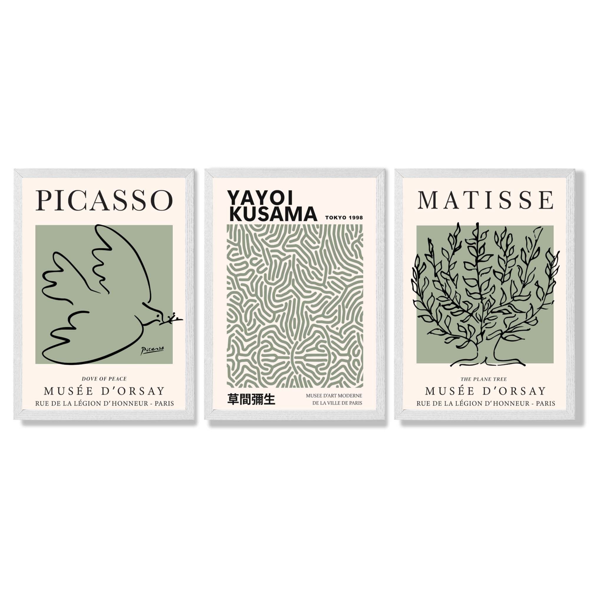 Set of 3 Set of 3 Picasso,Matisse and Yayoi Kusama Sage Green Framed Art Prints with White Wooden Frames