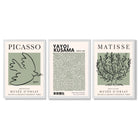 Set of 3 Set of 3 Picasso,Matisse and Yayoi Kusama Sage Green Framed Art Prints with White Wooden Frames