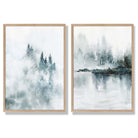 Teal Blue Forest Lake Set of 2 Art Prints with Oak Frame