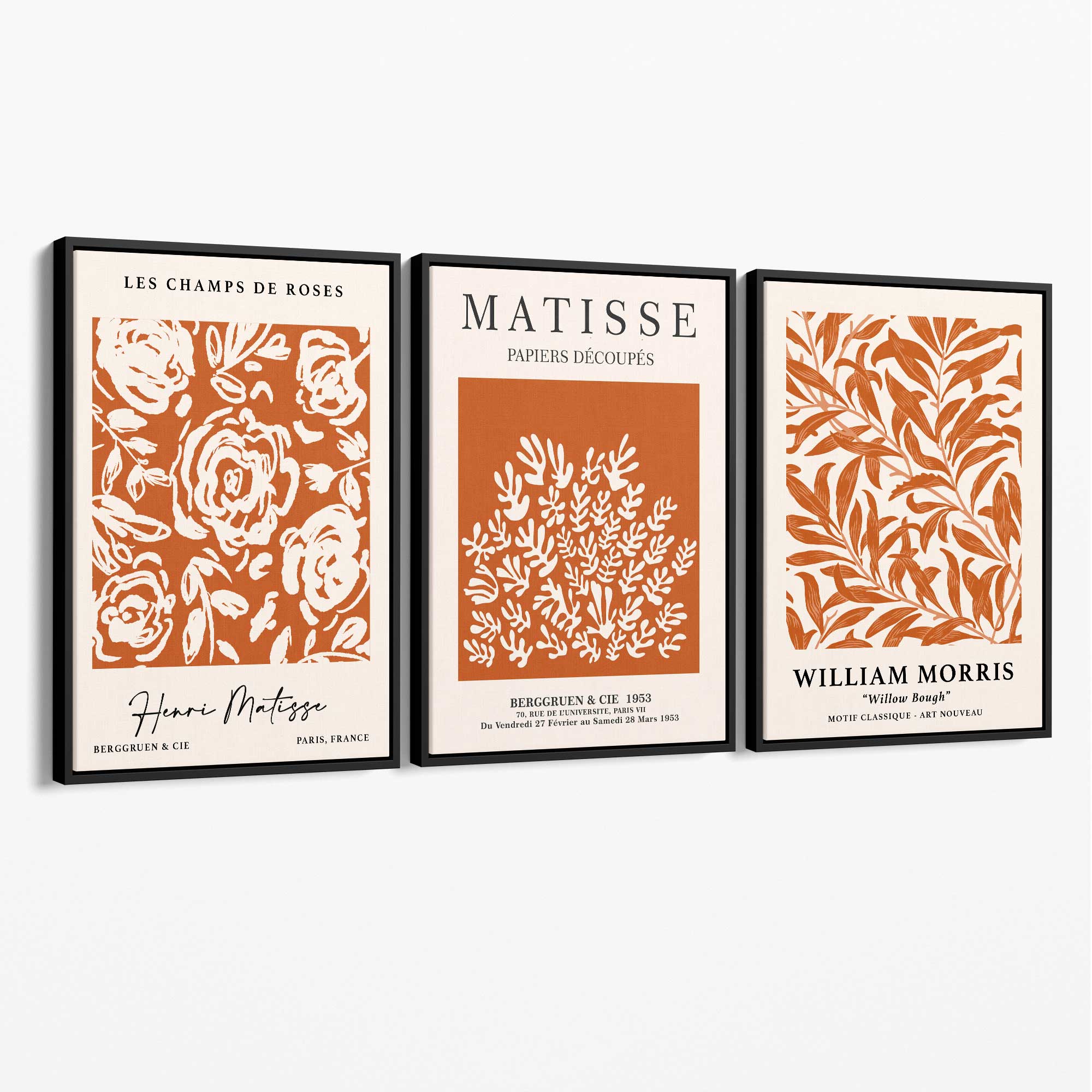 Set of 3 Matisse and William Morris Dark Orange Floral Canvas Art Prints with Black Float Frame
