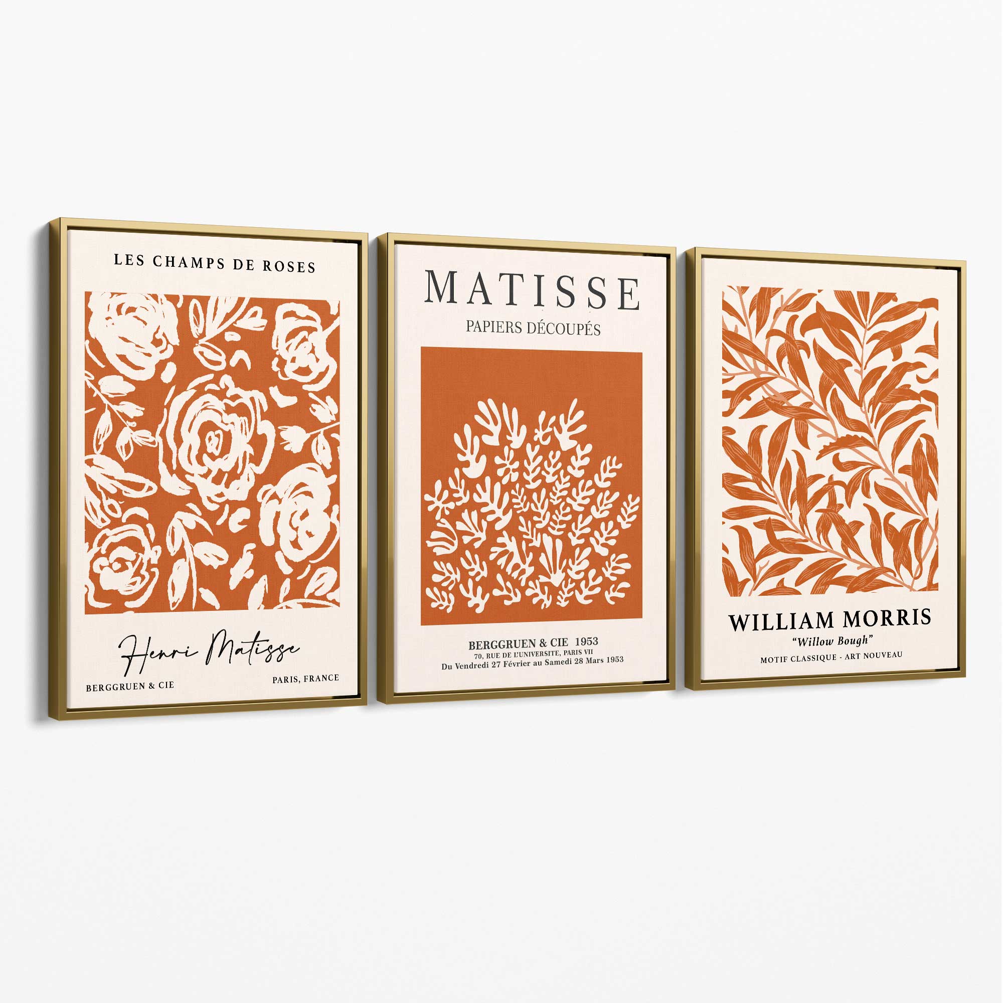 Set of 3 Matisse and William Morris Dark Orange Floral Canvas Art Prints with Gold Float Frame