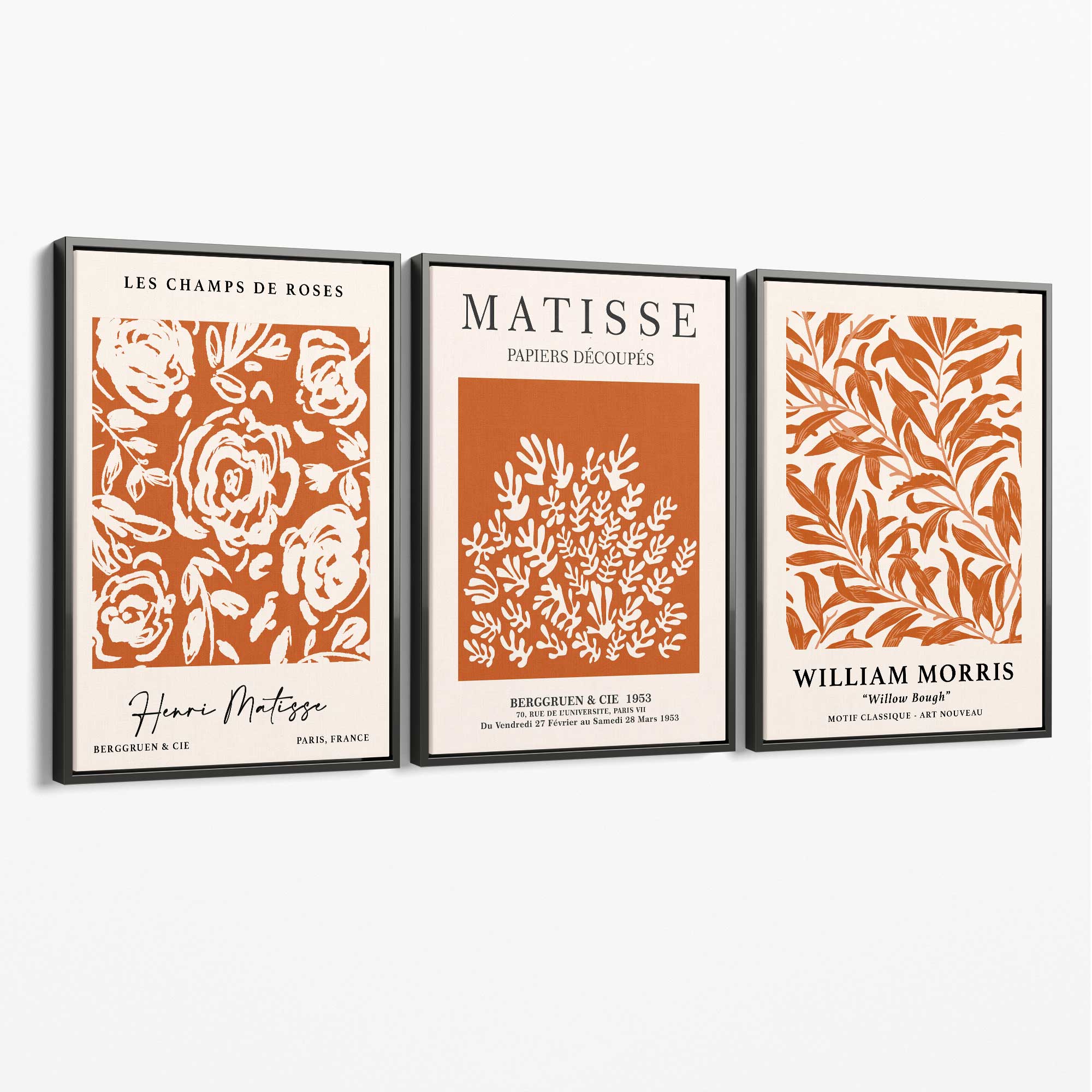 Set of 3 Matisse and William Morris Dark Orange Floral Canvas Art Prints with Grey Float Frame