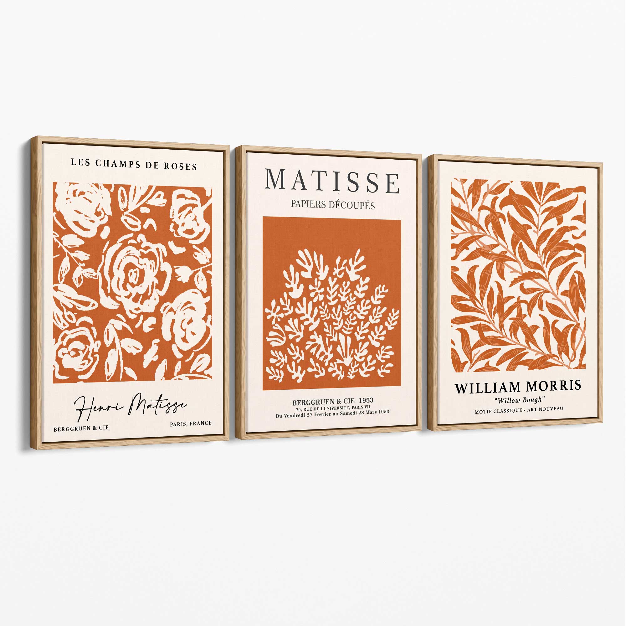 Set of 3 Matisse and William Morris Dark Orange Floral Canvas Art Prints with Oak Float Frame