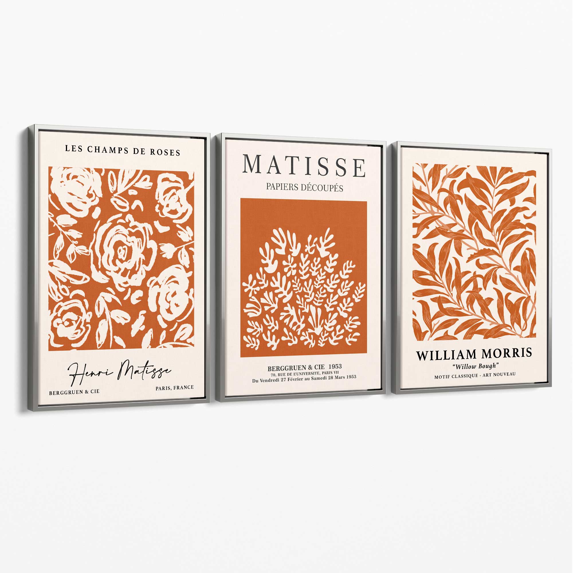 Set of 3 Matisse and William Morris Dark Orange Floral Canvas Art Prints with Silver Float Frame