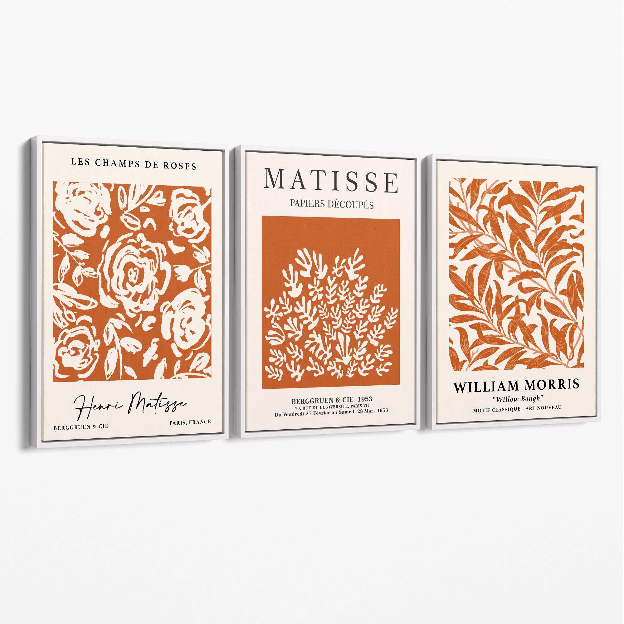 Set of 3 Matisse and William Morris Dark Orange Floral Canvas Art Prints with White Float Frame