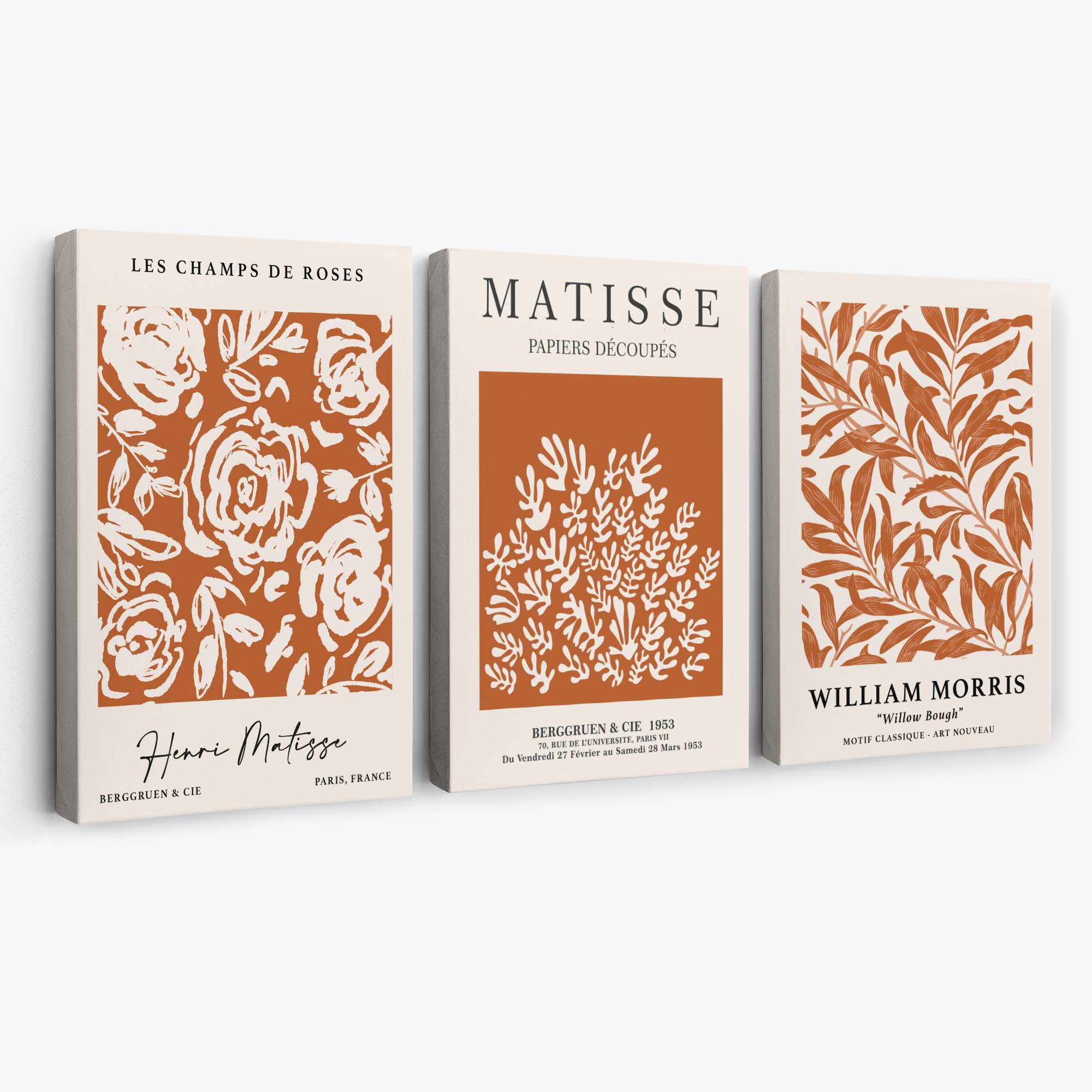 Set of 3 Matisse and William Morris Dark Orange Floral Canvas Art Prints | Artze Wall Art