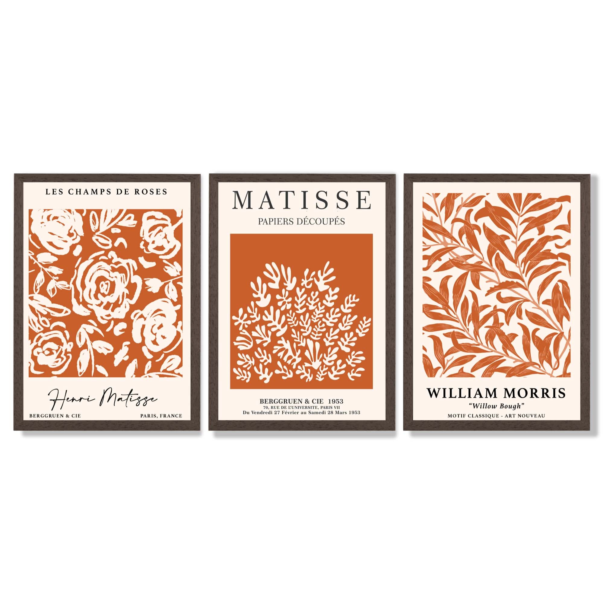 Set of 3 Matisse and William Morris Dark Orange Floral Framed Art Prints with Dark Wood Frames