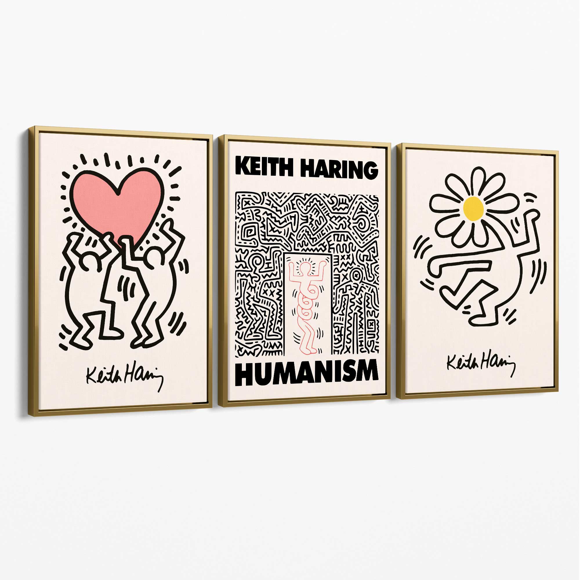 Set of 3 Keith Haring Black and Pink Canvas Art Prints with Gold Float Frame
