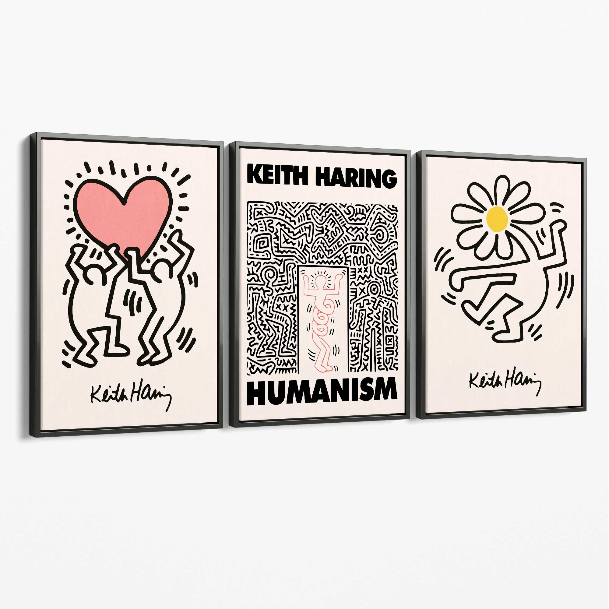 Set of 3 Keith Haring Black and Pink Canvas Art Prints with Grey Float Frame