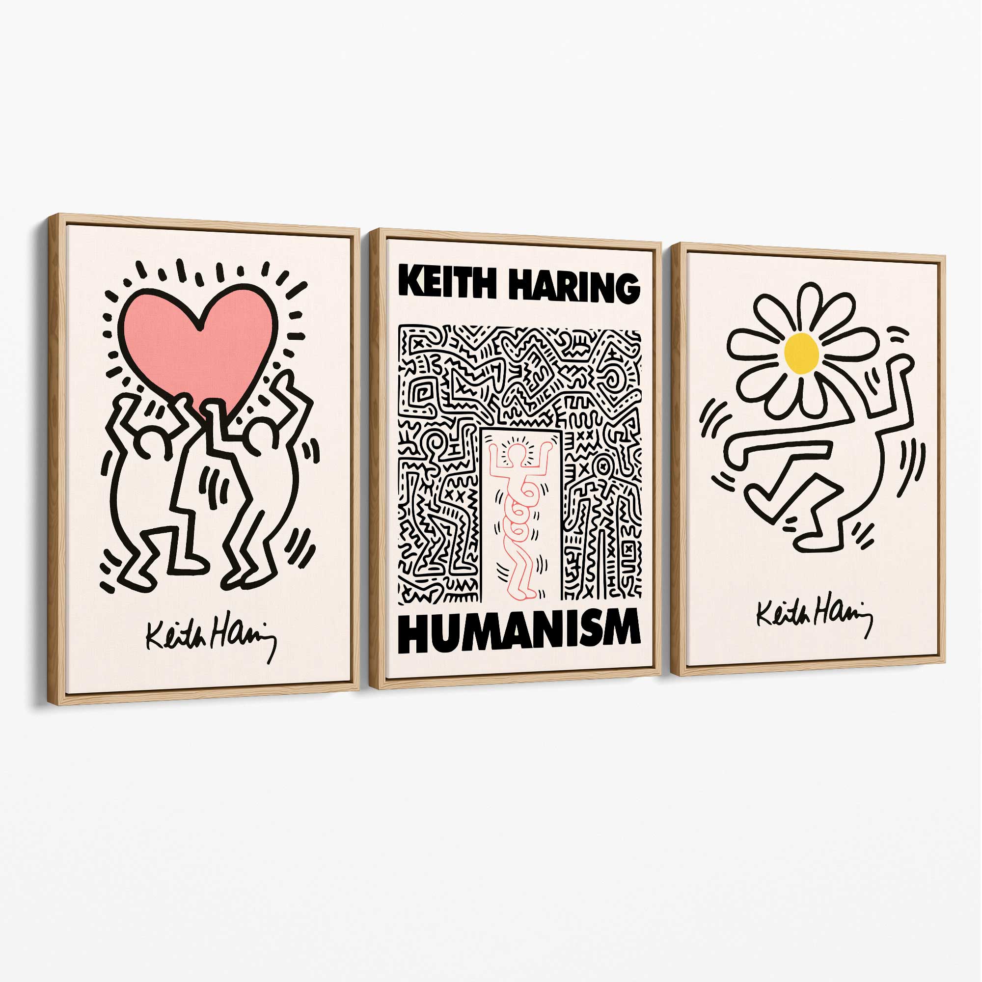 Set of 3 Keith Haring Black and Pink Canvas Art Prints with Oak Float Frame