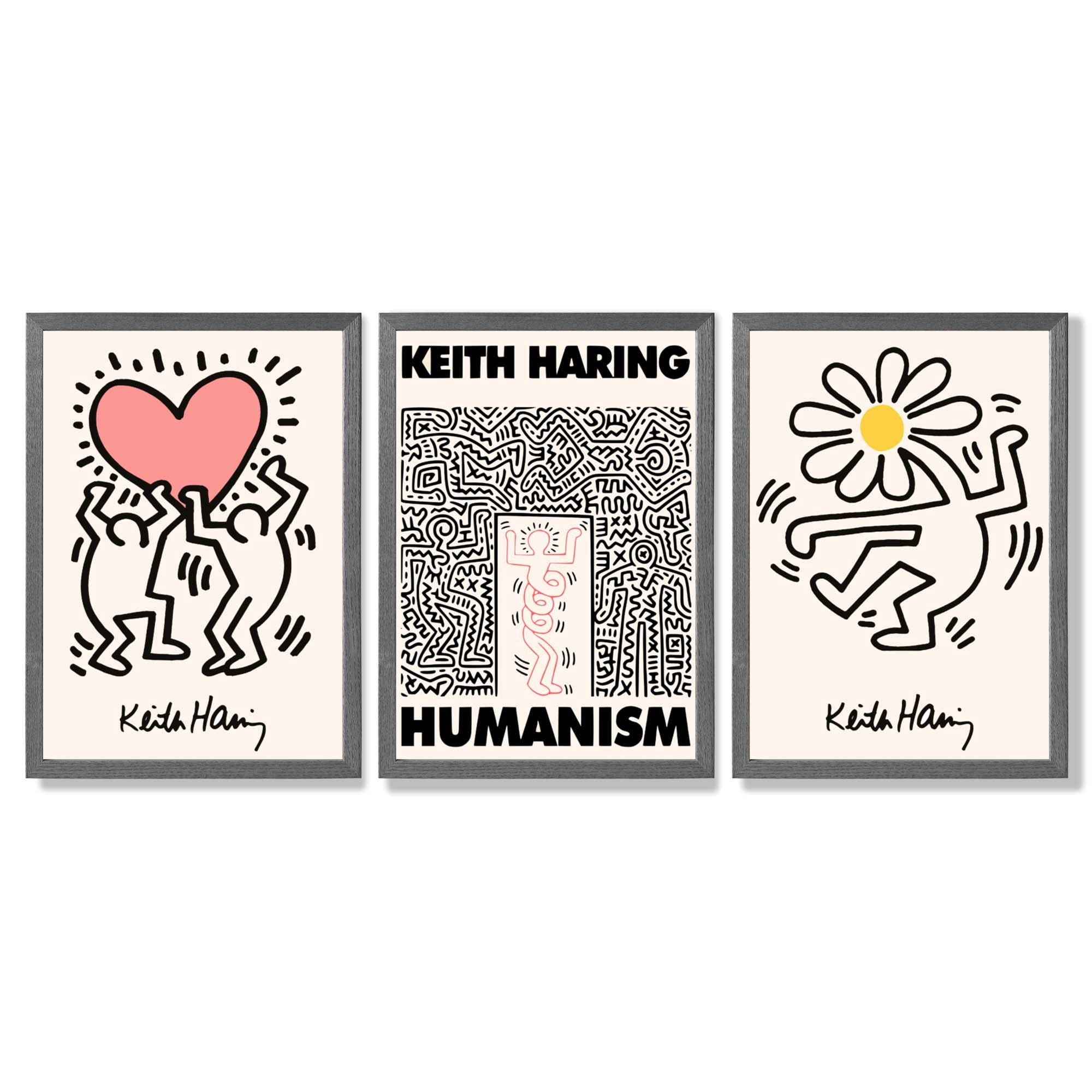 Set of 3 Keith Haring Black and Pink Framed Art Prints with Dark Grey Wooden Frames