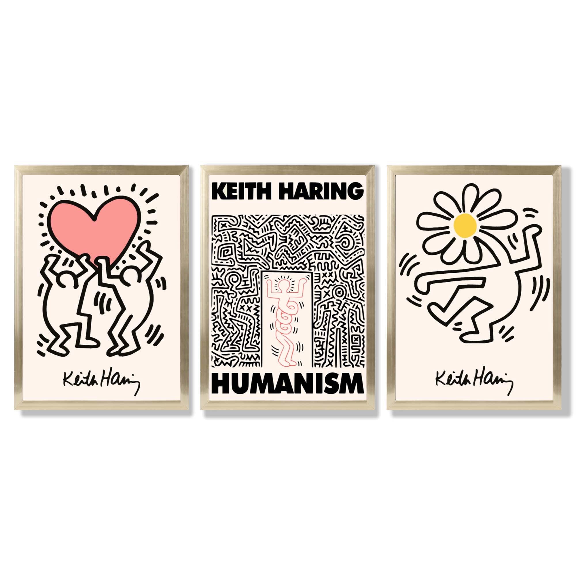 Set of 3 Keith Haring Black and Pink Framed Art Prints with Gold Wood Frames