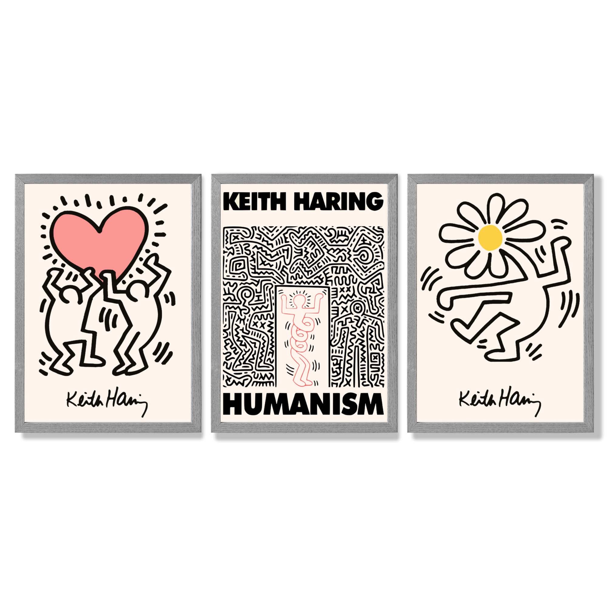 Set of 3 Keith Haring Black and Pink Framed Art Prints with Light Grey Wooden Frames