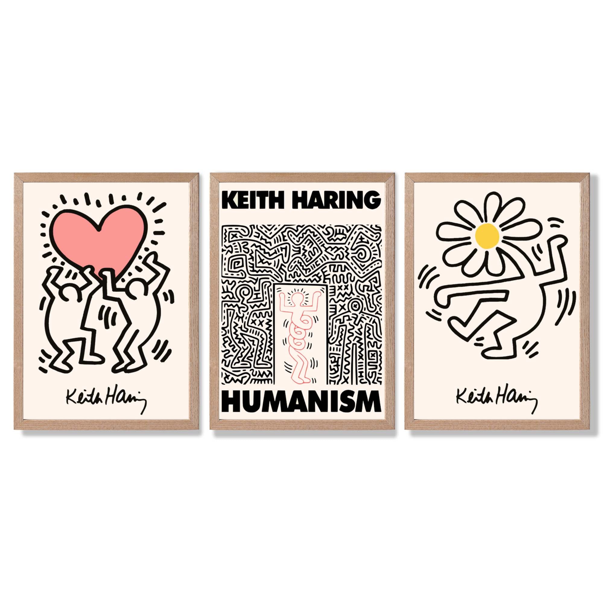 Set of 3 Keith Haring Black and Pink Framed Art Prints with Light Oak Frames