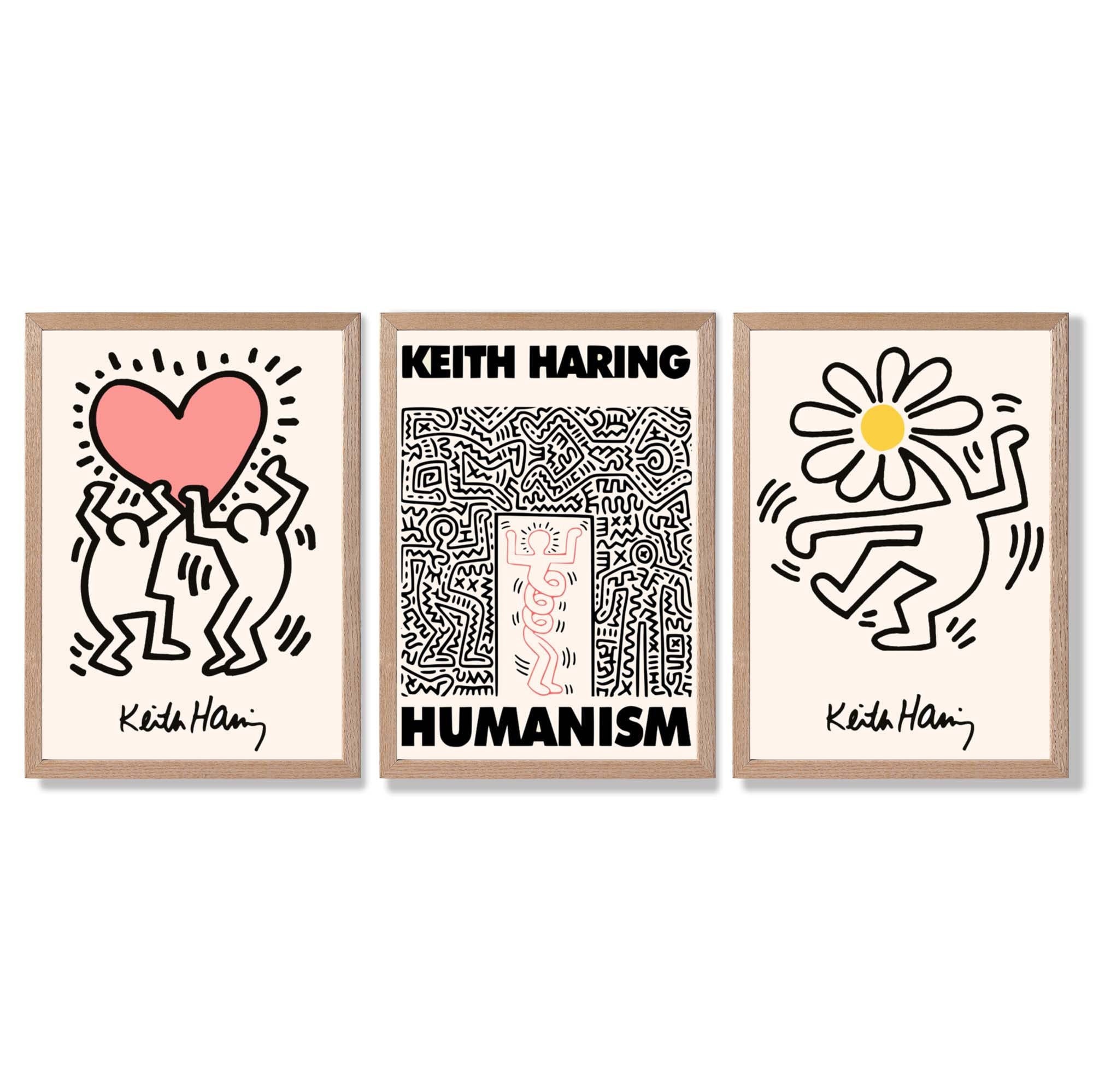 Set of 3 Keith Haring Black and Pink Framed Art Prints with Light Oak Frames