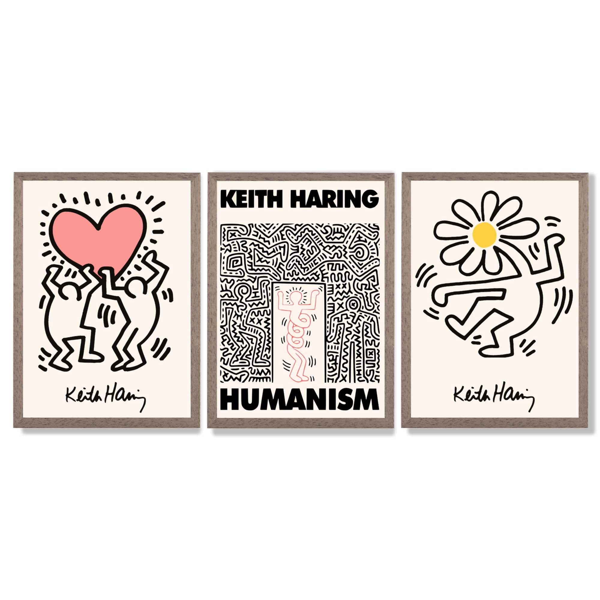Set of 3 Keith Haring Black and Pink Framed Art Prints with Light Walnut Frames