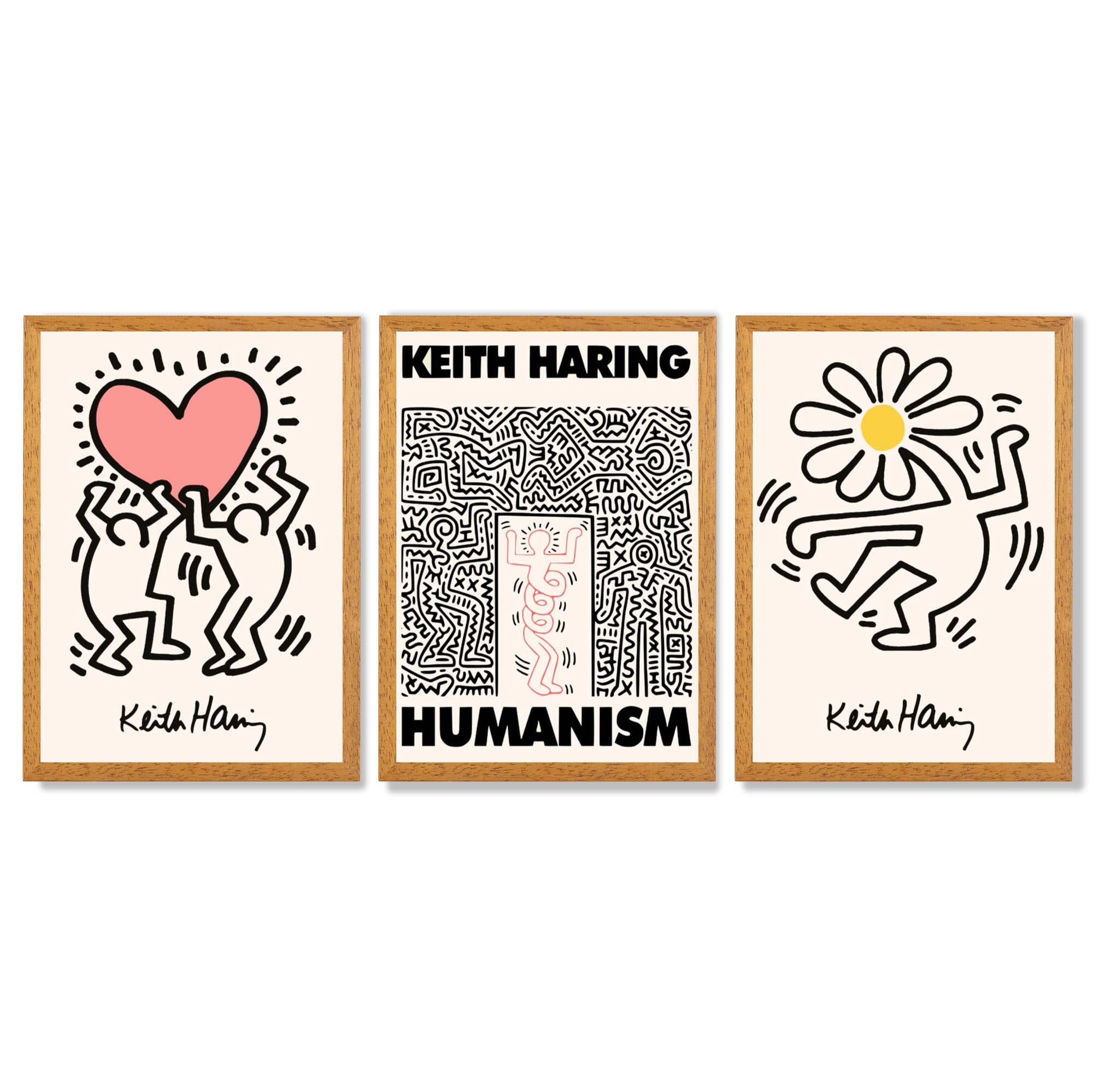 Set of 3 Keith Haring Black and Pink Framed Art Prints with Oak Wooden Frames