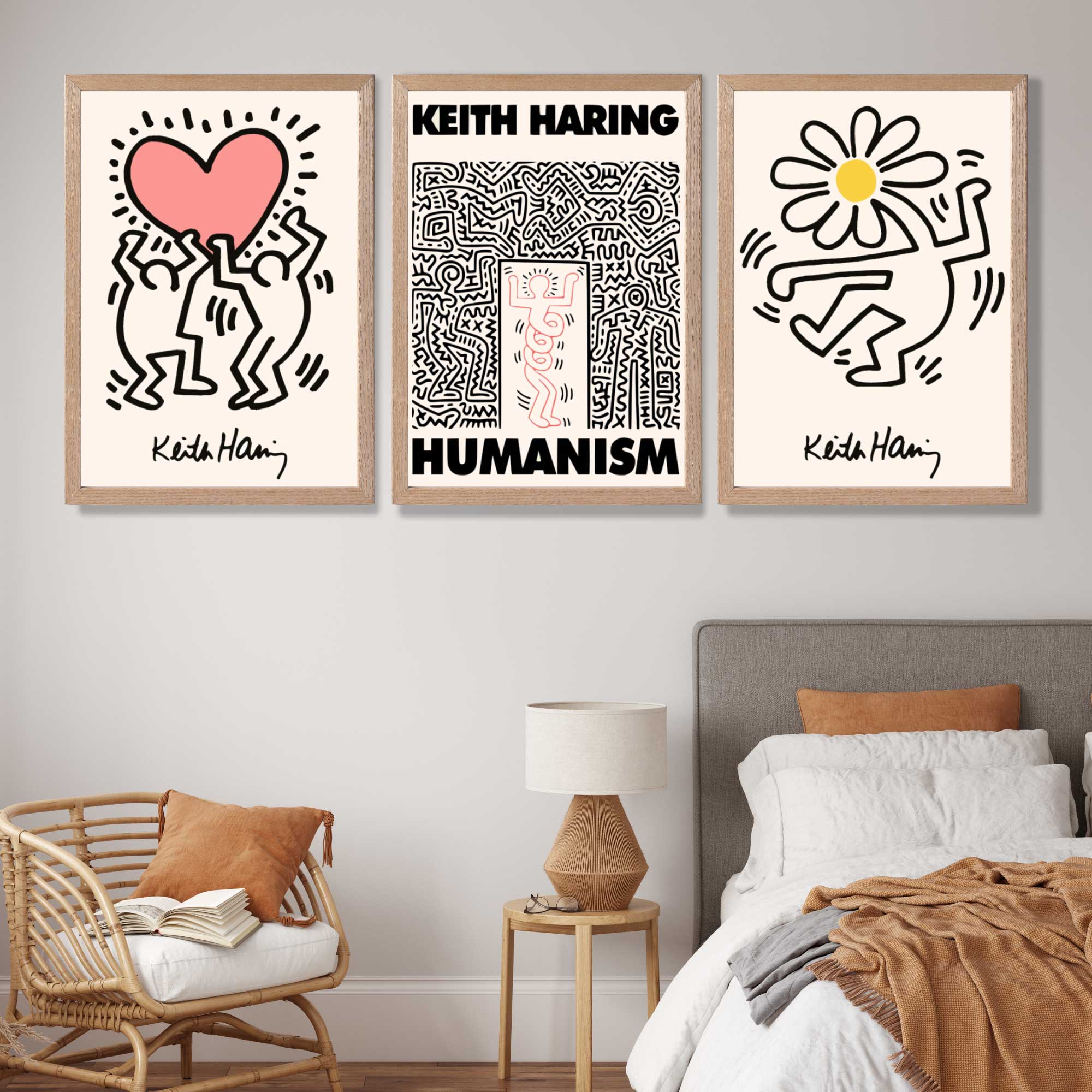 Set of 3 Keith Haring Black and Pink Art Prints in Oak Frames | Artze UK