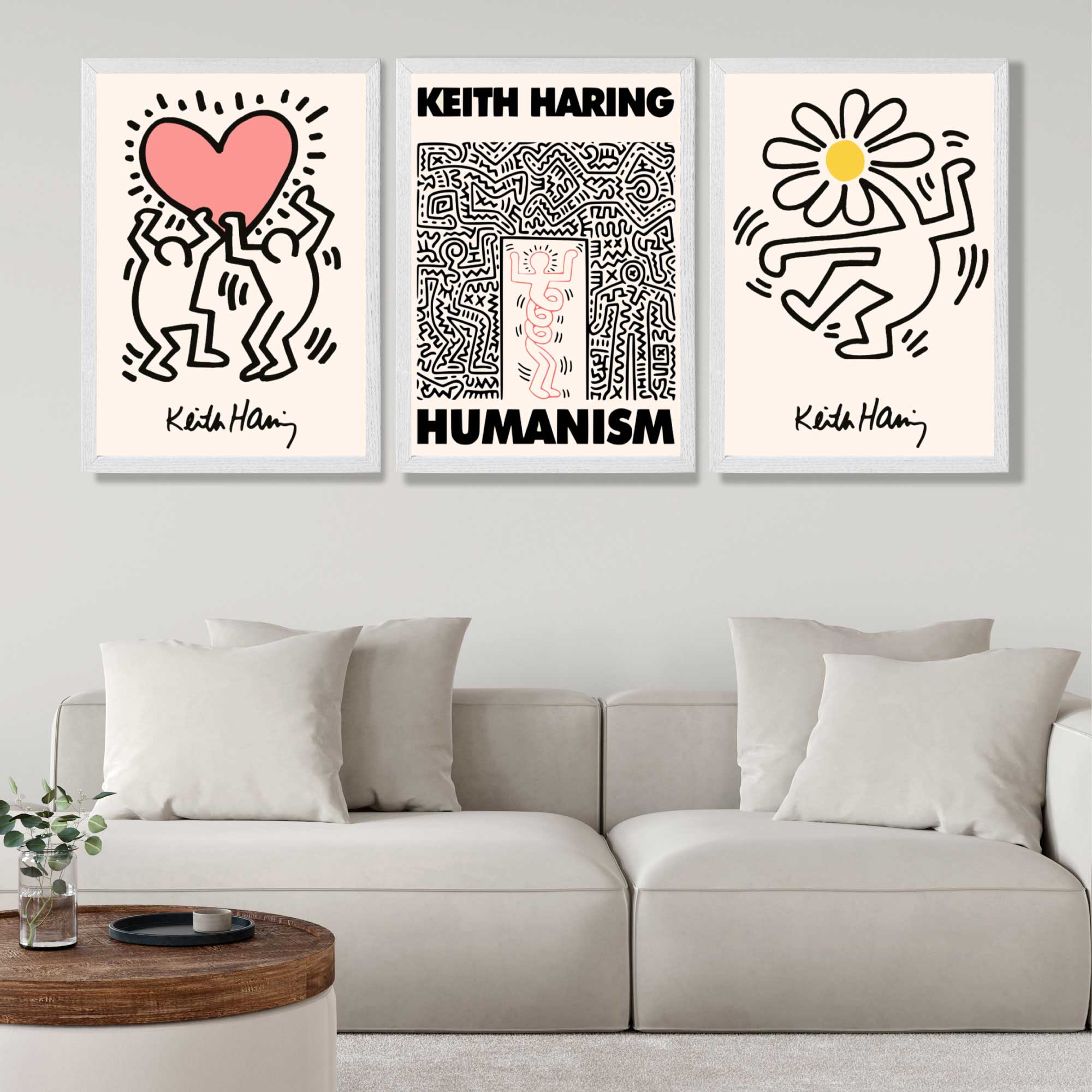 Set of 3 Keith Haring Black and Pink Art Prints in White Frames | Artze UK
