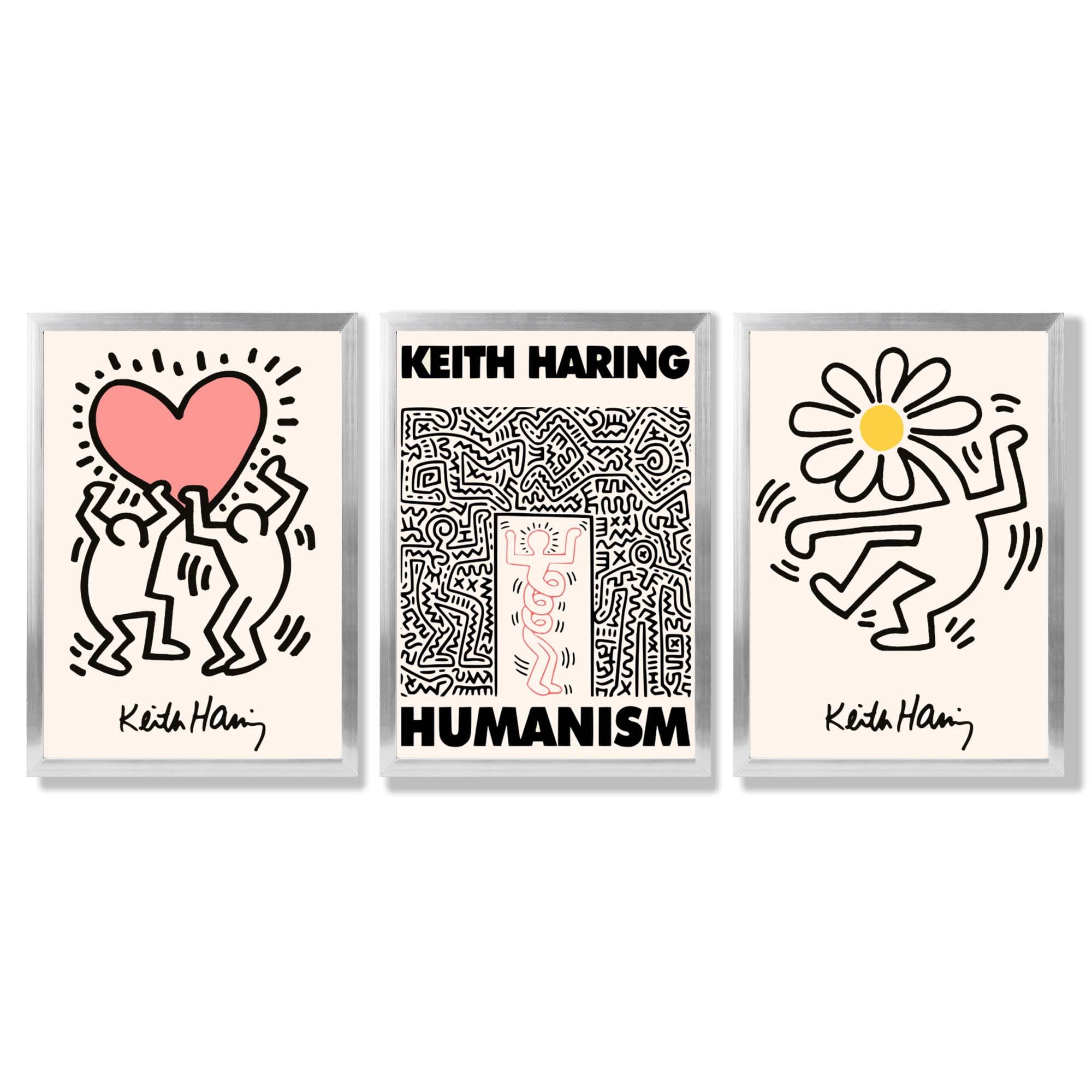 Set of 3 Keith Haring Black and Pink Framed Art Prints with Silver Wood Frames
