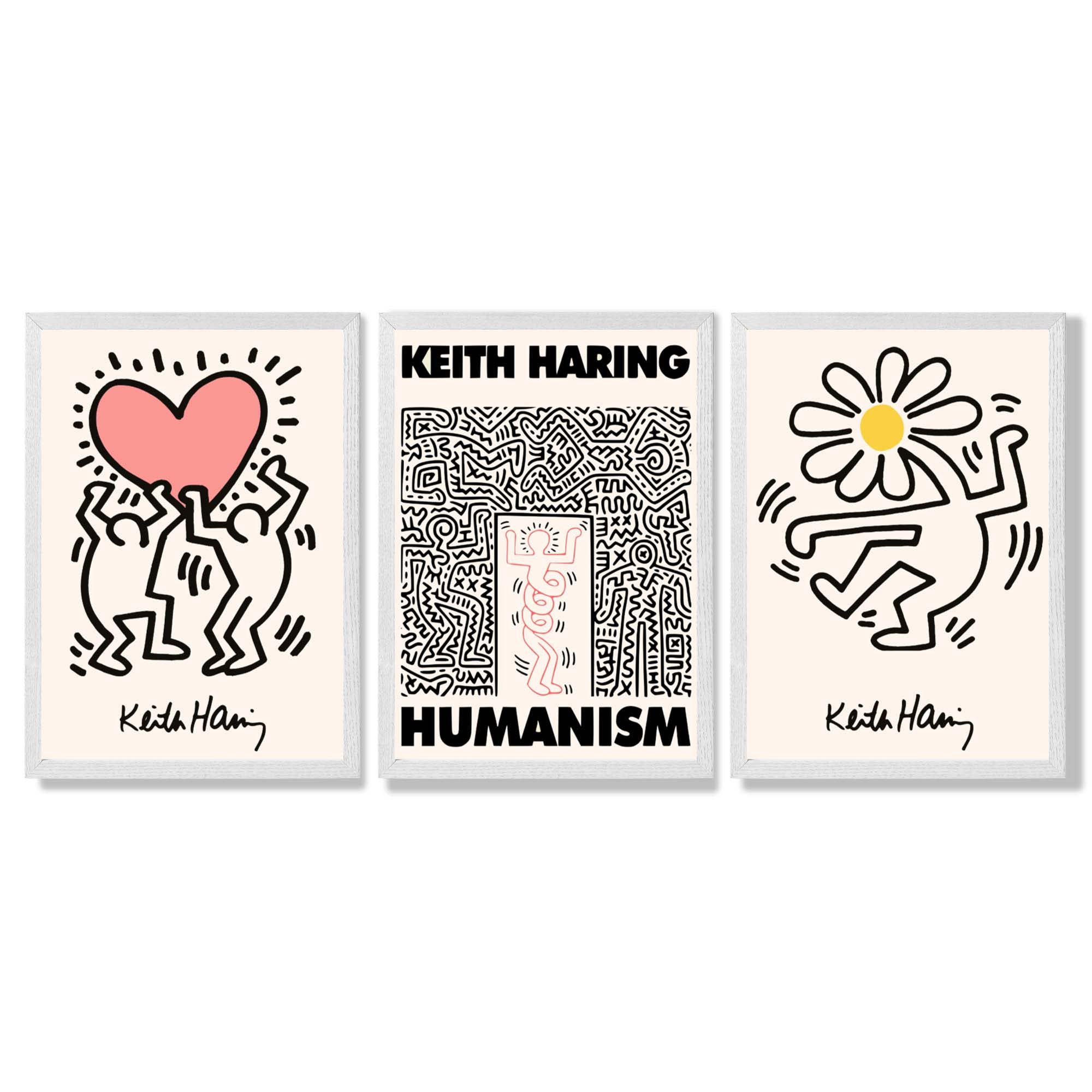 Set of 3 Keith Haring Black and Pink Framed Art Prints with White Wooden Frames