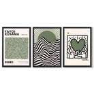 Set of 3 Yayoi Kusama,Keith Haring, Bauhaus Sage Green Framed Art Prints with Black Wooden Frames