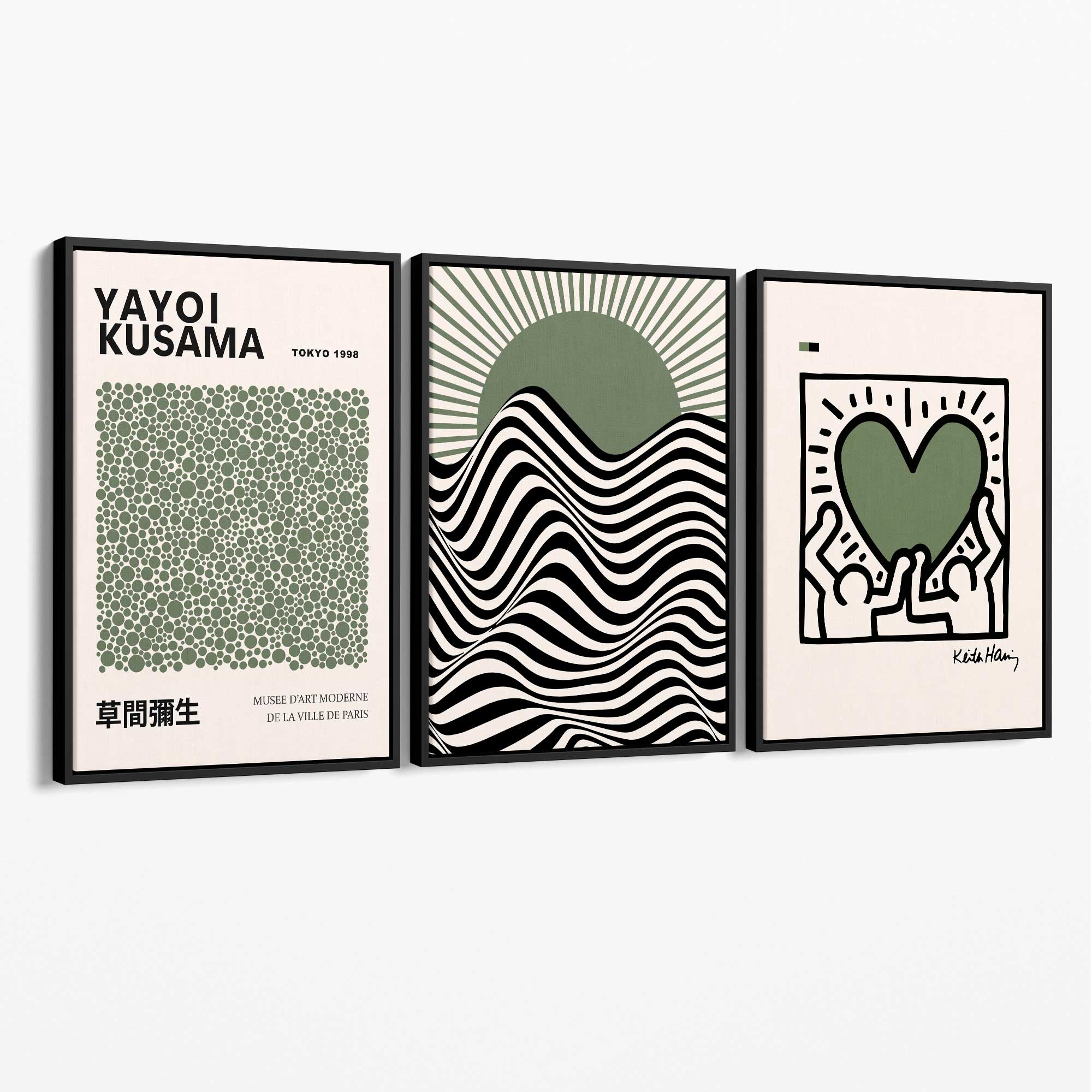 Set of 3 Yayoi Kusama,Keith Haring, Bauhaus Sage Green Canvas Art Prints with Black Float Frame