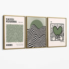 Set of 3 Yayoi Kusama,Keith Haring, Bauhaus Sage Green Canvas Art Prints with Gold Float Frame