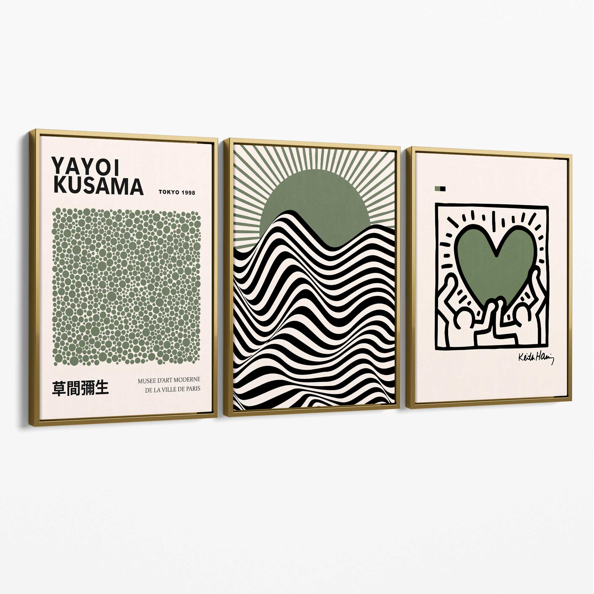 Set of 3 Yayoi Kusama,Keith Haring, Bauhaus Sage Green Canvas Art Prints with Gold Float Frame
