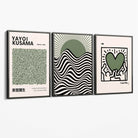 Set of 3 Yayoi Kusama,Keith Haring, Bauhaus Sage Green Canvas Art Prints with Grey Float Frame