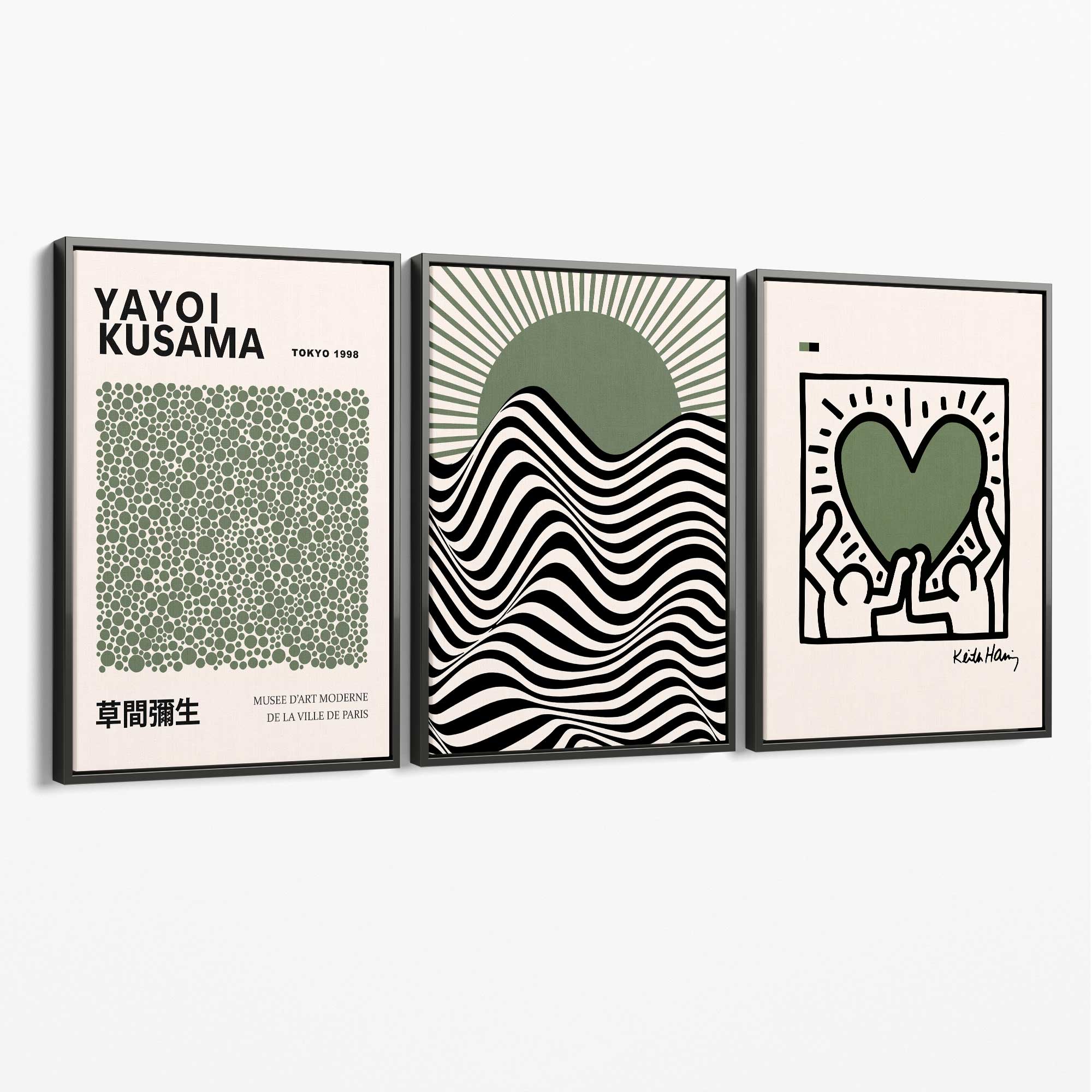 Set of 3 Yayoi Kusama,Keith Haring, Bauhaus Sage Green Canvas Art Prints with Grey Float Frame