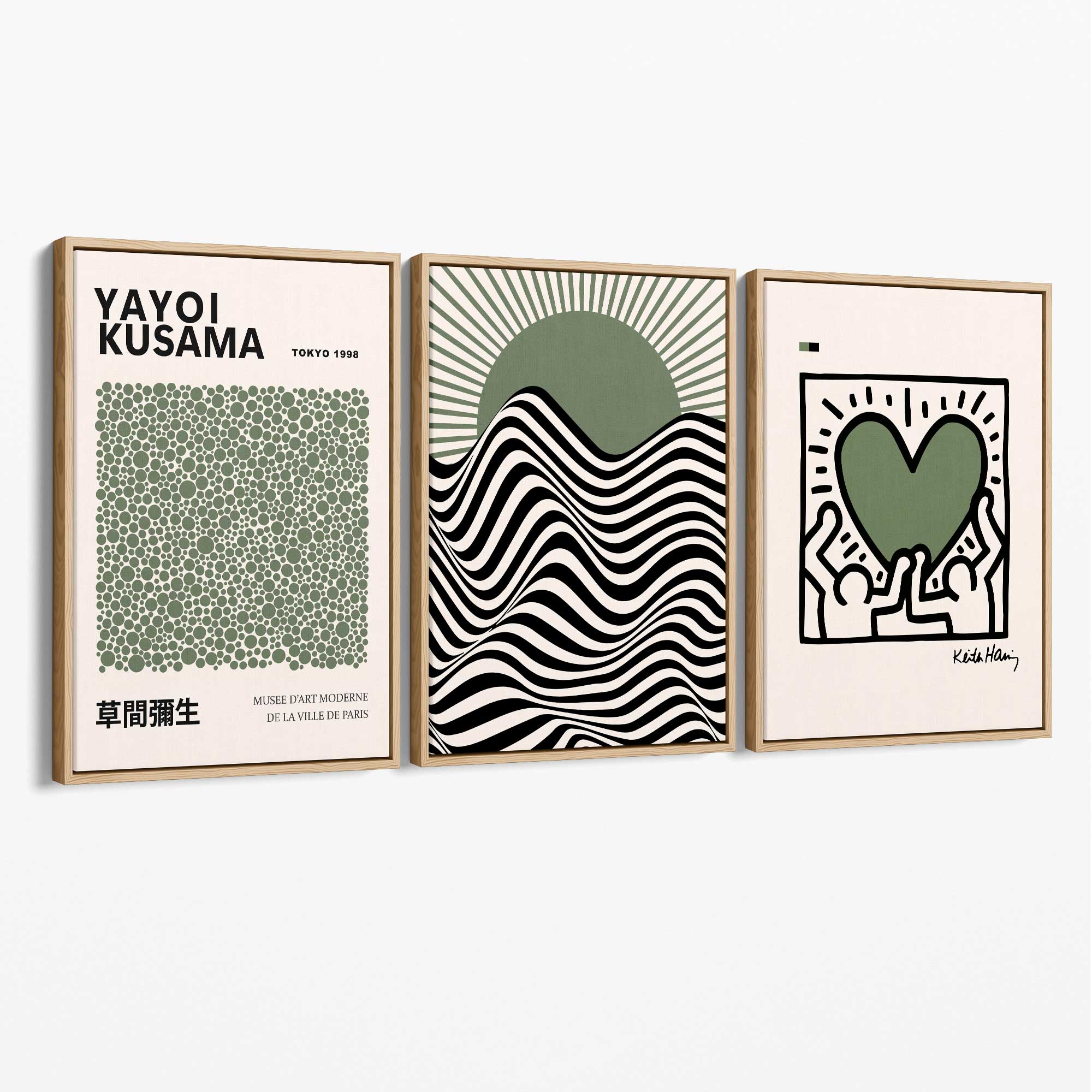 Set of 3 Yayoi Kusama,Keith Haring, Bauhaus Sage Green Canvas Art Prints with Oak Float Frame