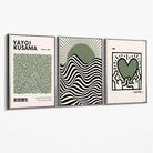 Set of 3 Yayoi Kusama,Keith Haring, Bauhaus Sage Green Canvas Art Prints with Silver Float Frame