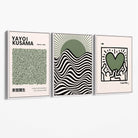 Set of 3 Yayoi Kusama,Keith Haring, Bauhaus Sage Green Canvas Art Prints with White Float Frame