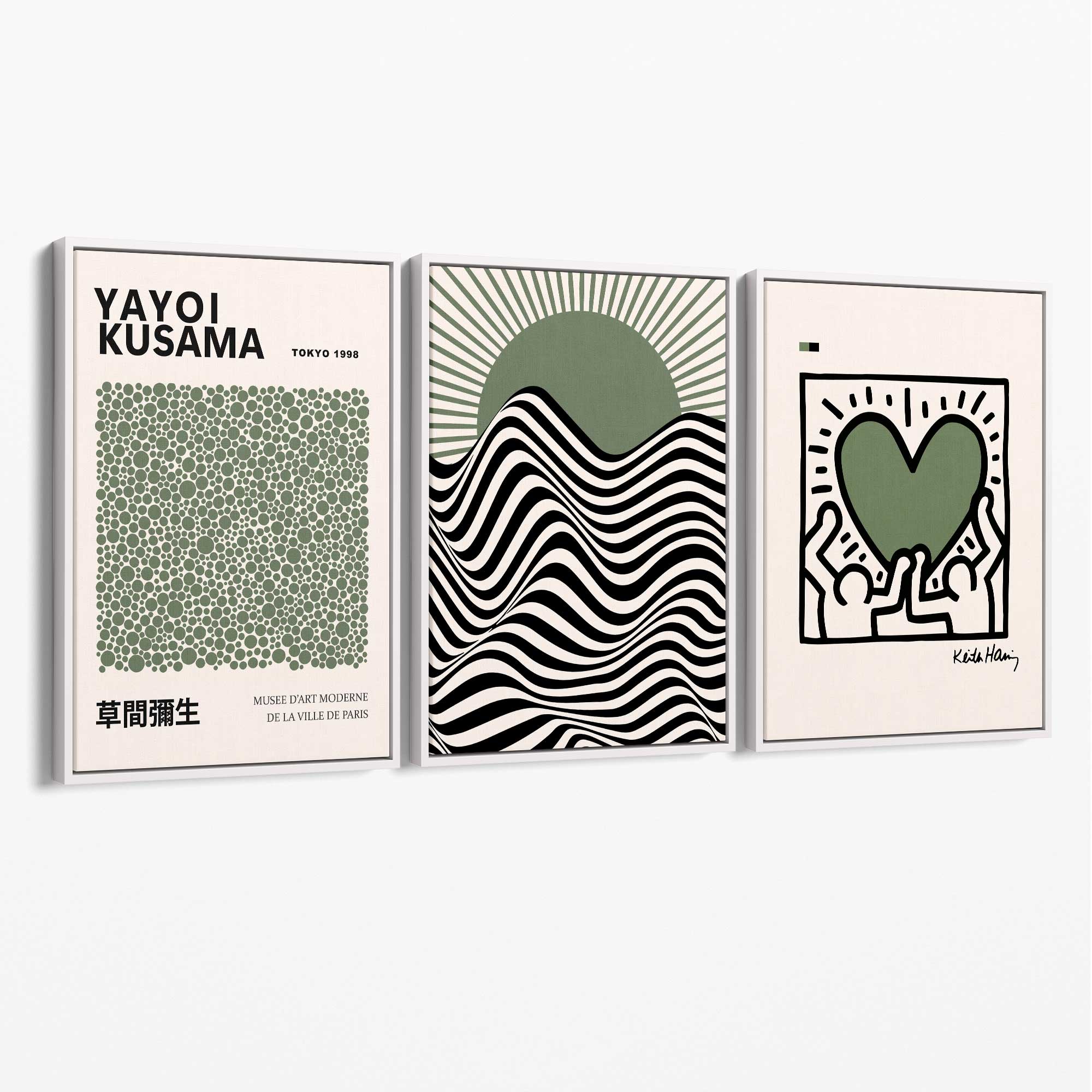 Set of 3 Yayoi Kusama,Keith Haring, Bauhaus Sage Green Canvas Art Prints with White Float Frame