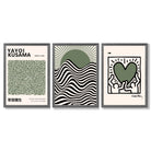 Set of 3 Yayoi Kusama,Keith Haring, Bauhaus Sage Green Framed Art Prints with Dark Grey Wooden Frames