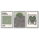 Set of 3 Yayoi Kusama,Keith Haring, Bauhaus Sage Green Framed Art Prints with Light Grey Wooden Frames