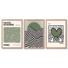 Set of 3 Yayoi Kusama,Keith Haring, Bauhaus Sage Green Framed Art Prints with Light Oak Frames