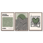 Set of 3 Yayoi Kusama,Keith Haring, Bauhaus Sage Green Framed Art Prints with Light Walnut Frames