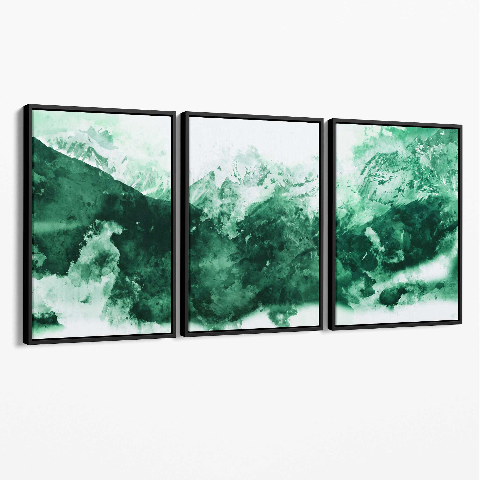 Set of 3 Abstract Green Mountains Canvas Art Prints with Black Float Frame