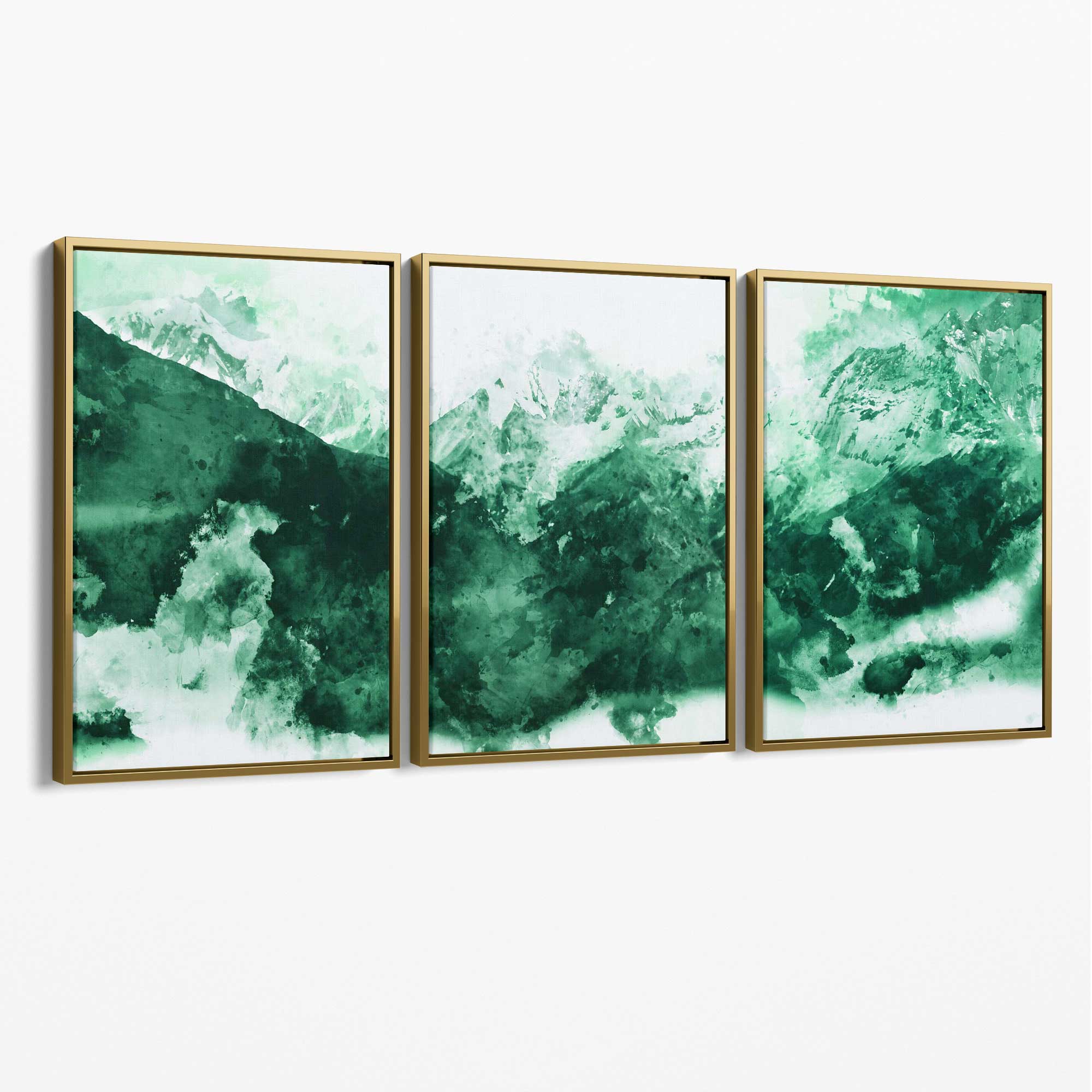 Set of 3 Abstract Green Mountains Canvas Art Prints with Gold Float Frame