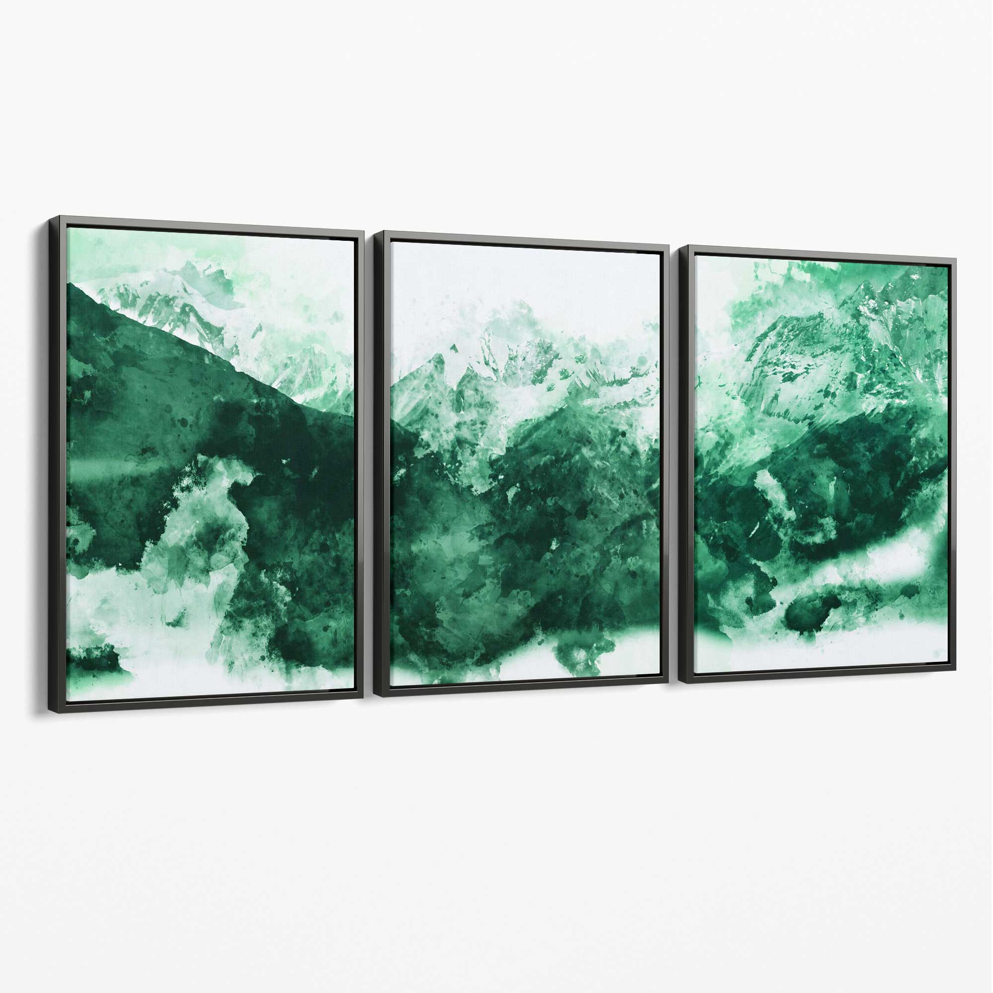Set of 3 Abstract Green Mountains Canvas Art Prints with Grey Float Frame