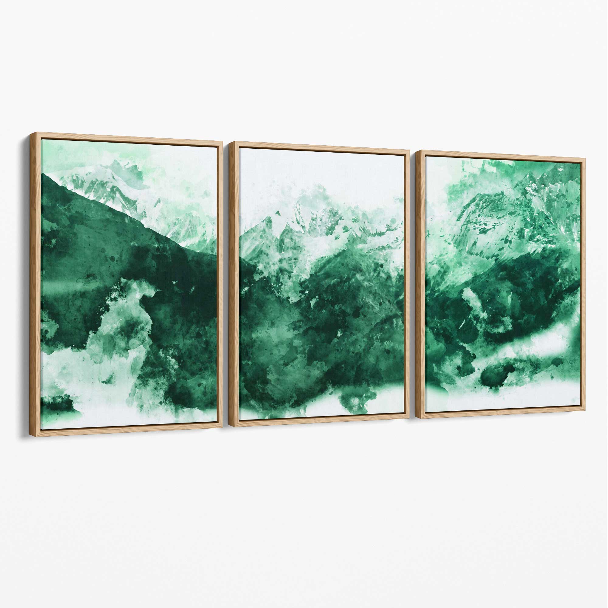 Set of 3 Abstract Green Mountains Canvas Art Prints with Oak Float Frame