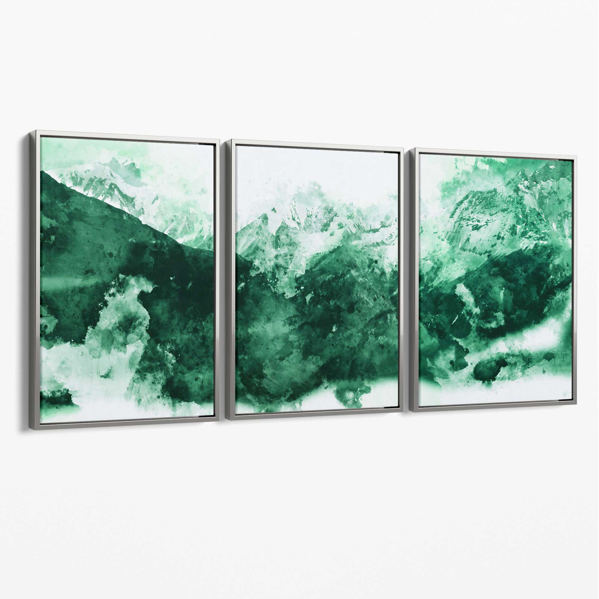 Set of 3 Abstract Green Mountains Canvas Art Prints with Silver Float Frame