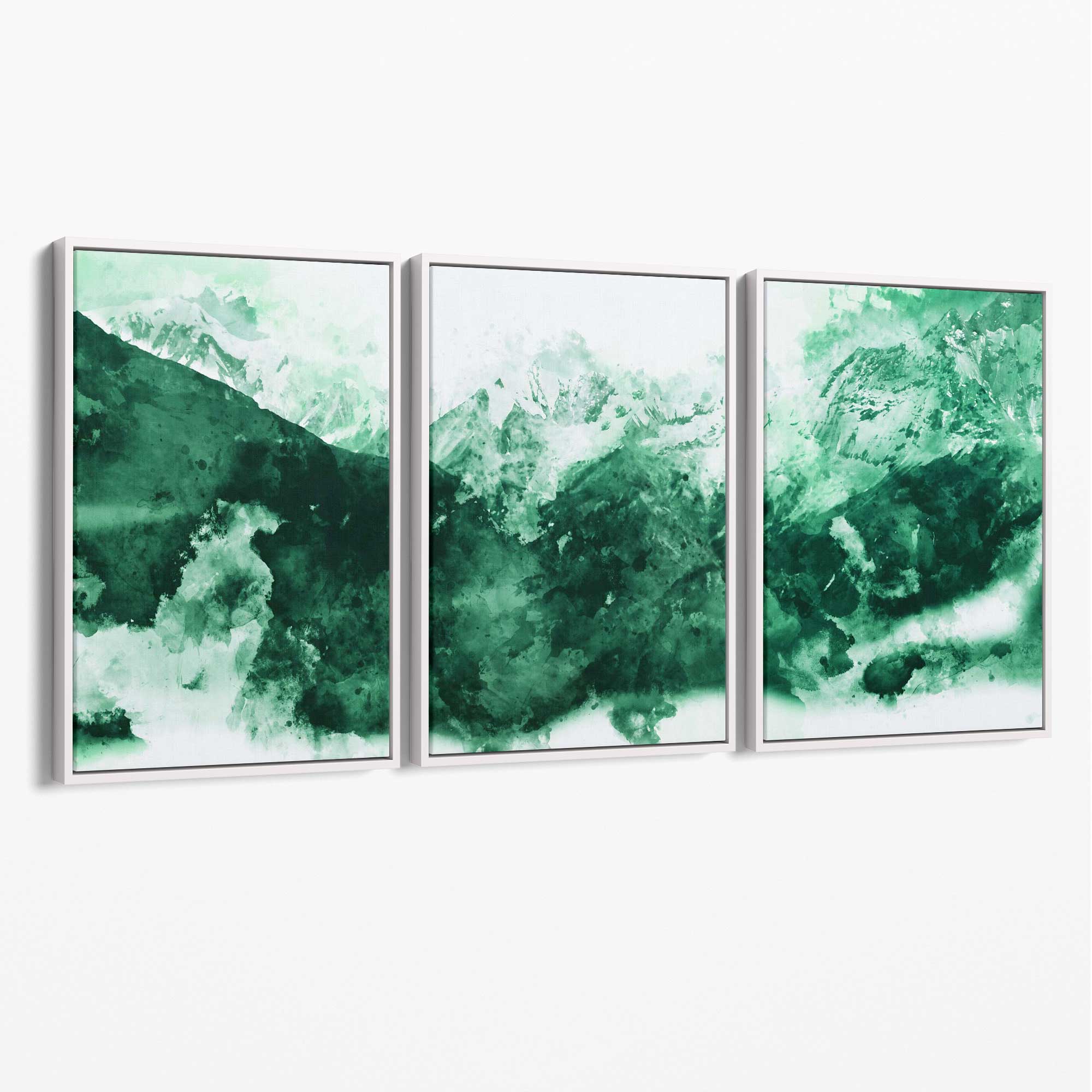 Set of 3 Abstract Green Mountains Canvas Art Prints with White Float Frame