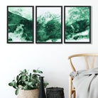 Set of 3 Abstract Green Mountains Art Prints in Black Frames | Artze UK