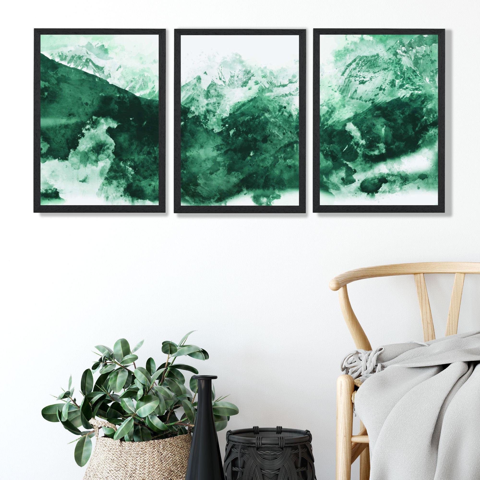 Set of 3 Abstract Green Mountains Art Prints in Black Frames | Artze UK