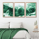 Set of 3 Abstract Green Mountains Art Prints in Oak Frames | Artze UK