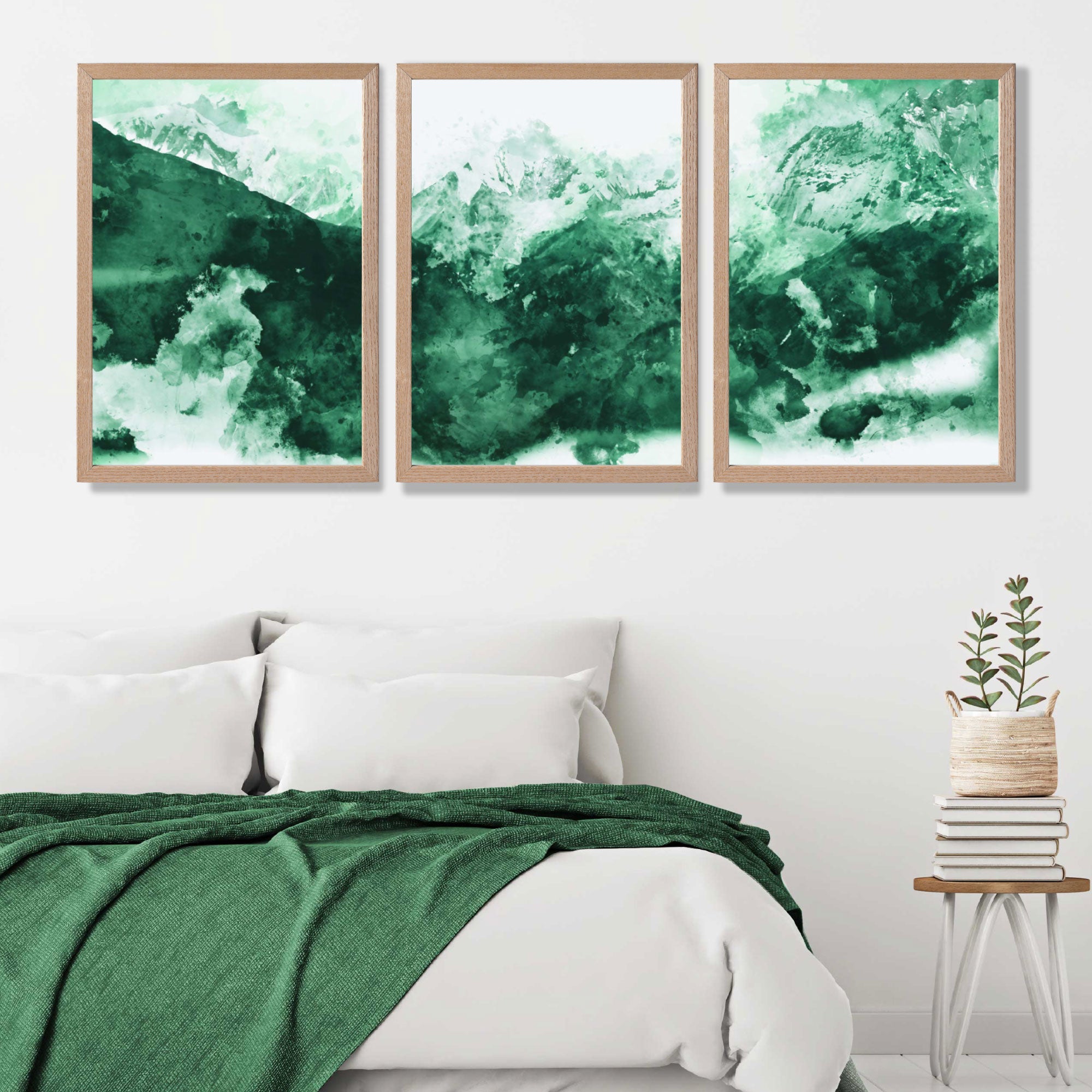 Set of 3 Abstract Green Mountains Art Prints in Oak Frames | Artze UK